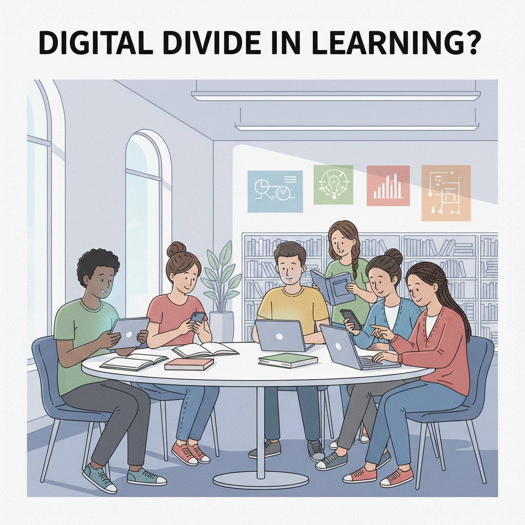 A group of teenagers are sitting together, with most of them looking at their digital devices, and only a few showing any interest in the books nearby. Teenagers' digital device use overshadowing reading habits in the context of literacy decline and democracy