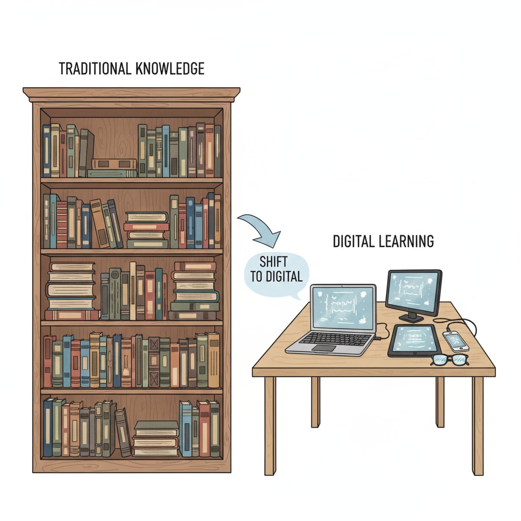 A bookshelf filled with various books is placed beside a table with multiple digital devices such as laptops, tablets, and smartphones, indicating the dominance of digital over traditional reading materials. Digital devices overshadowing bookshelves, highlighting the change in reading habits related to literacy and democracy
