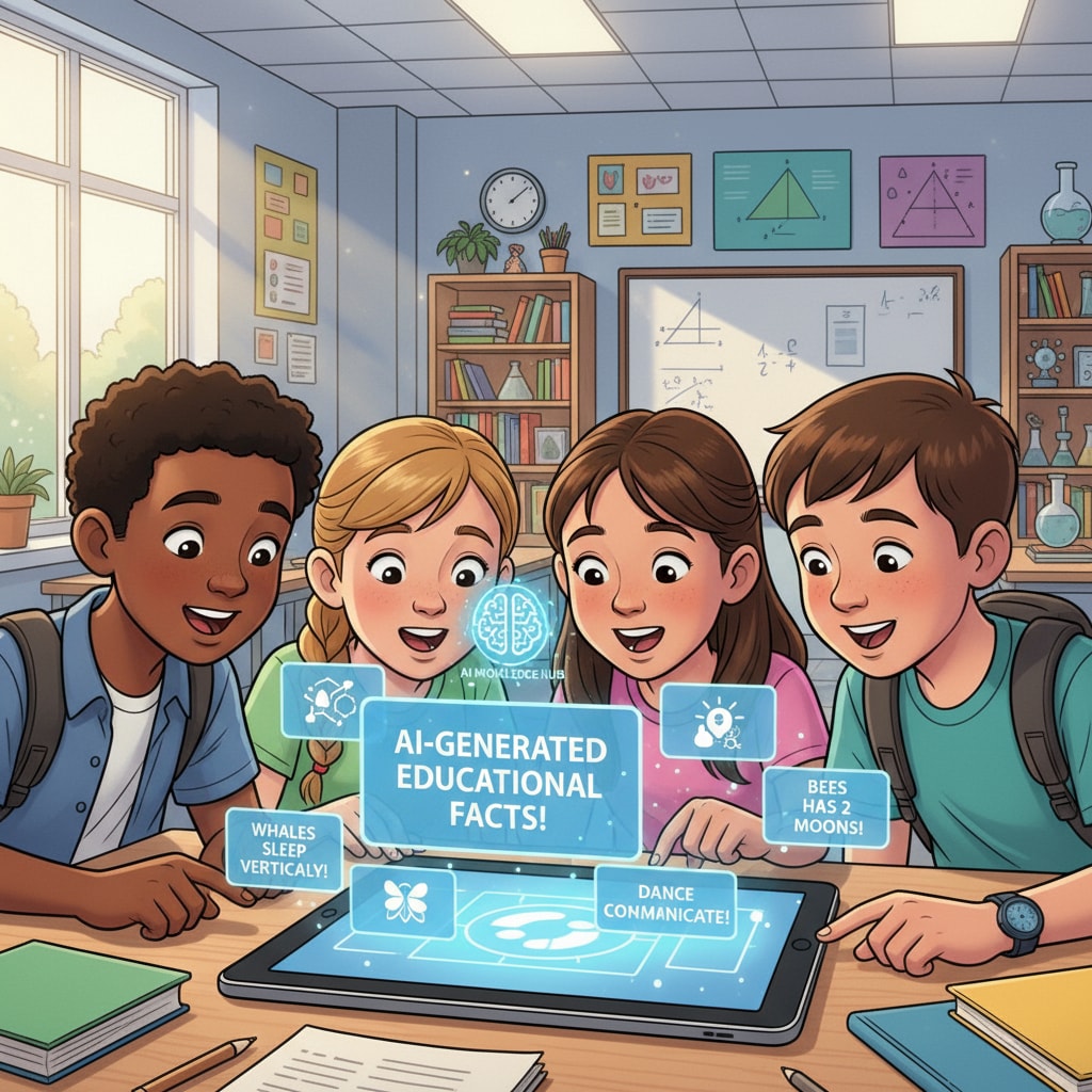 Students are gathered around a tablet, looking at AI-generated educational facts with curious expressions. Students exploring AI-generated educational content