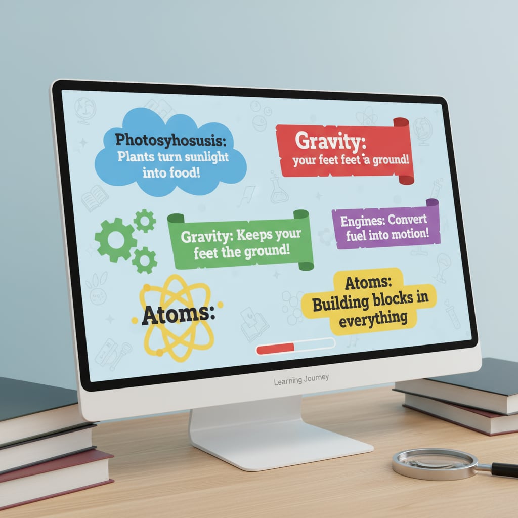 A close-up image of a digital screen displaying various AI-generated educational facts in colorful fonts. Digital screen showing AI-generated educational facts