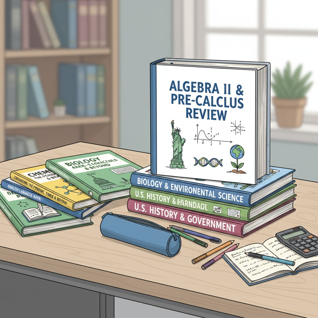 A collection of high school review workbooks neatly arranged on a desk, showing various covers related to different subjects. High school review workbooks on a desk, including those for algebra and other subjects.