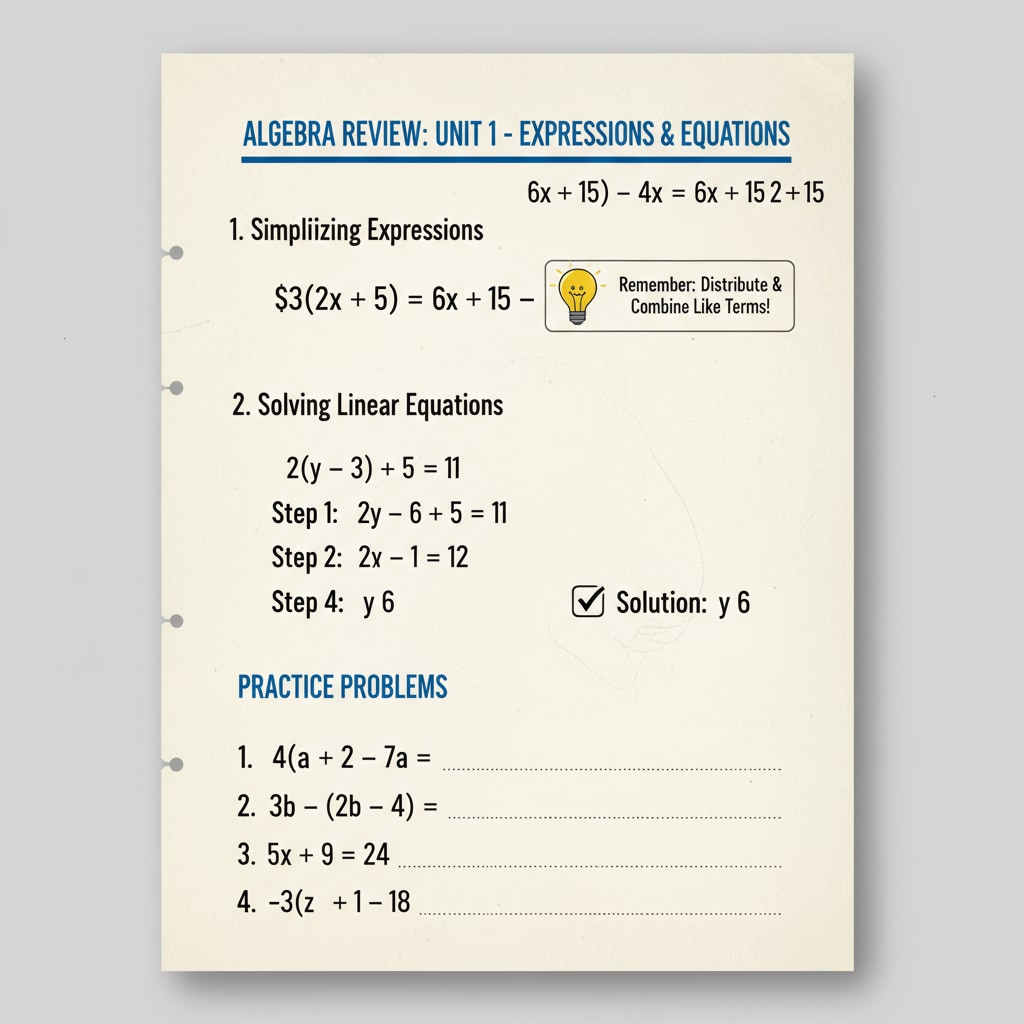 A page from an algebra workbook with equations and examples clearly written, demonstrating the kind of content in an algebra review workbook. Page from an algebra workbook with equations and examples for high school students.