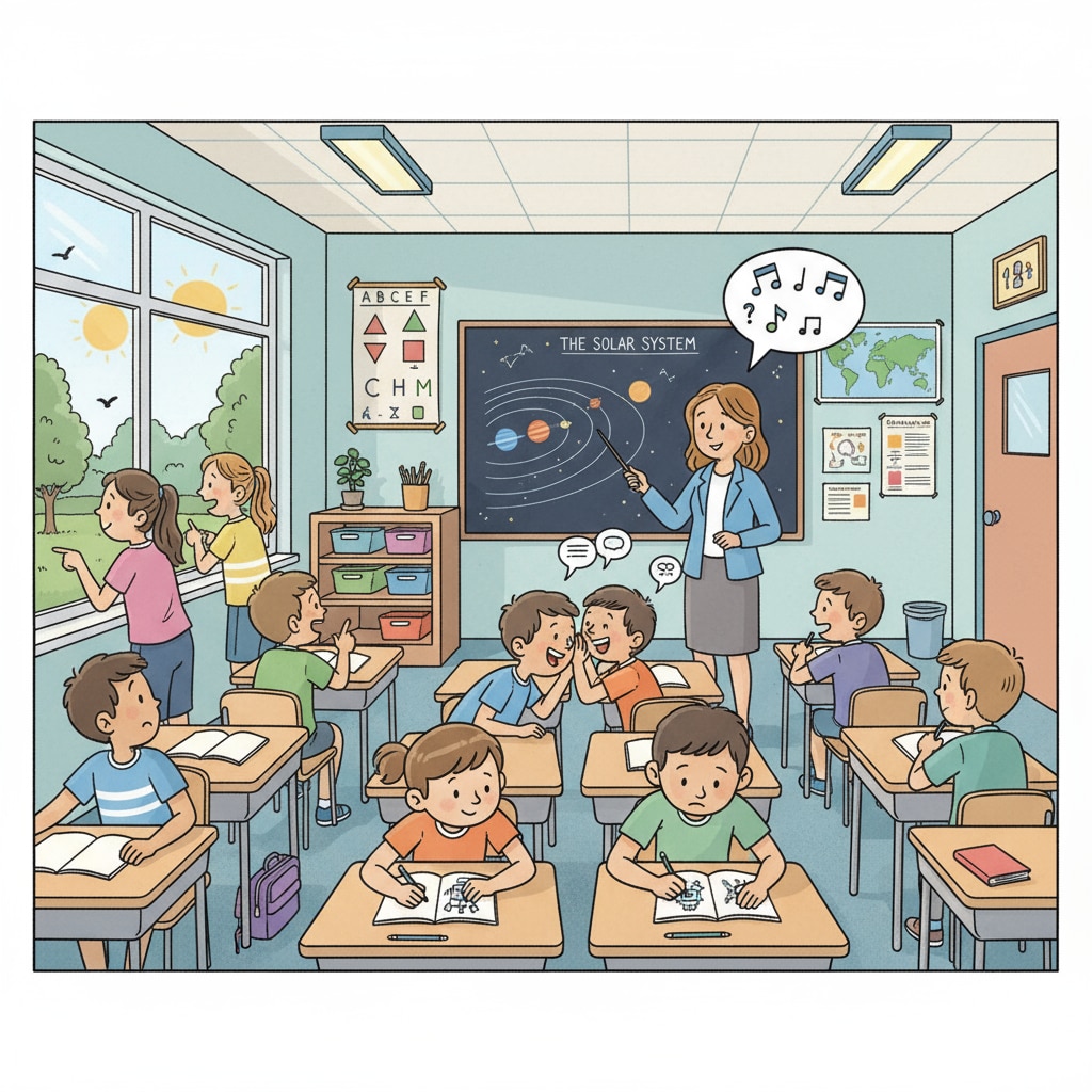 A classroom scene where some students are not paying attention to the teacher's instructions. Some students are looking out of the window, while others are chatting with their neighbors instead of listening to the teacher. A classroom scene depicting the teaching dilemma of students not following instructions in special education