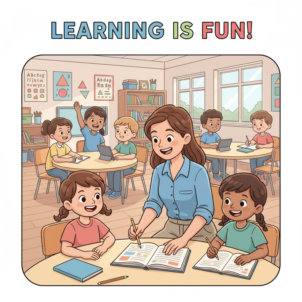 A teacher interacting with students in a positive classroom environment. The teacher is smiling and helping students with their work, and the students look engaged and happy. A positive classroom environment as part of teaching strategies for students who don't follow instructions