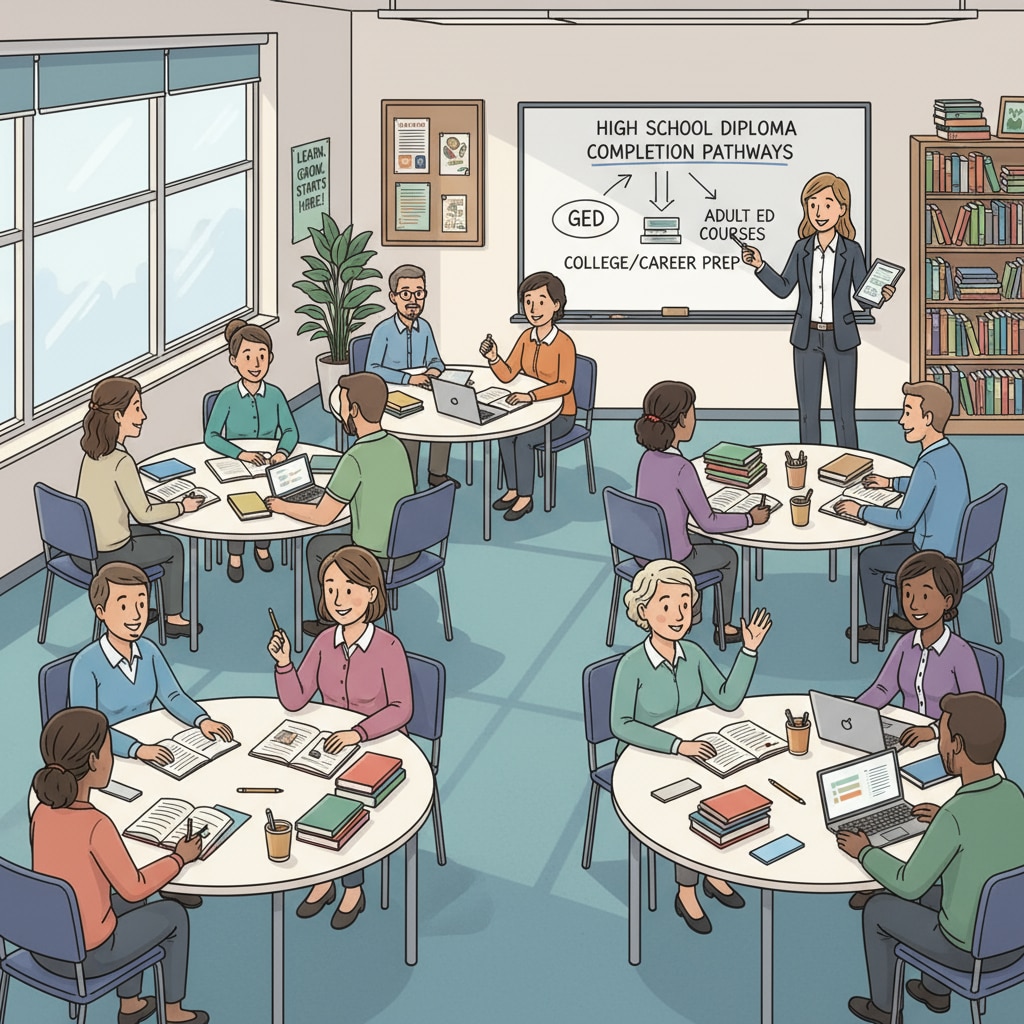 A classroom filled with adult students, showing the learning environment in community-based adult education programs for high school diploma completion. Adult students in a community classroom for high school diploma education