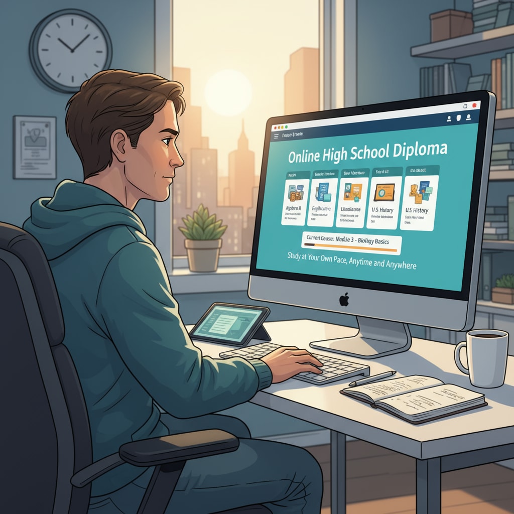 A person sitting at a desk, studying an online high school diploma course on a computer screen, highlighting the flexibility of online learning in adult education. Adult studying an online high school diploma course
