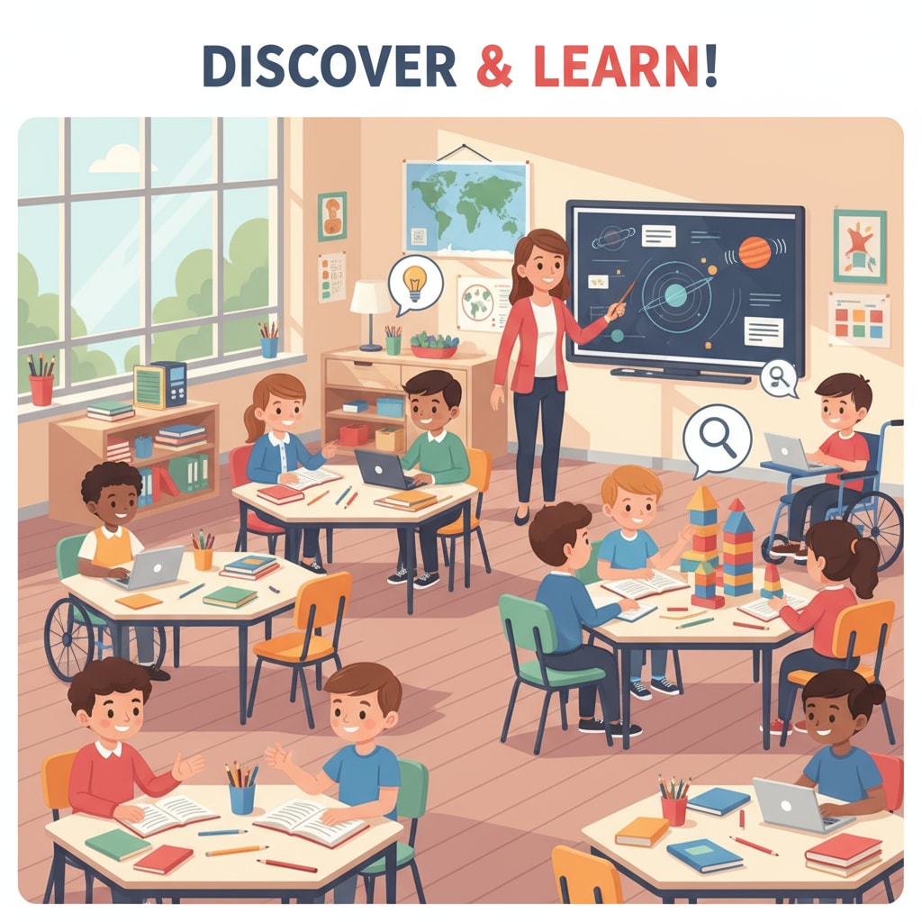 A group of students in a modern K12 classroom, actively engaged in learning activities Students in a K12 classroom engaged in learning related to education, lifelong learning, and success
