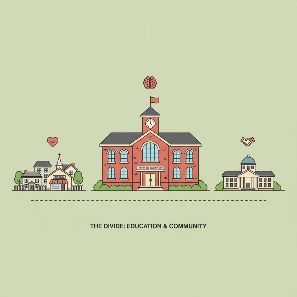 A small town school building stands alone, with no visible connection or interaction with the nearby community buildings, symbolizing the separation between the school system and the community. A small town school isolated from the community, highlighting school system, community separation, youth programs, and administrative fragmentation