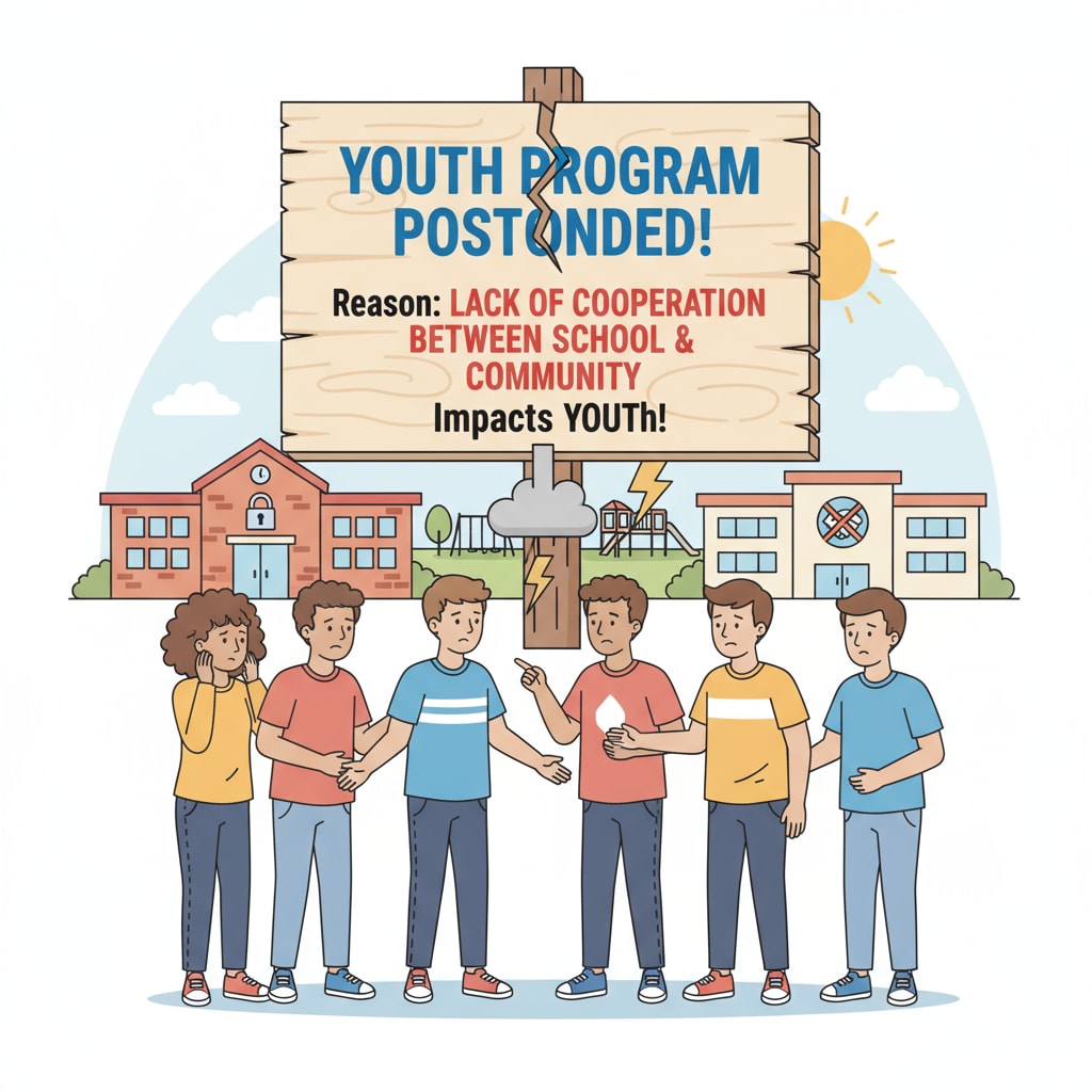 A group of teenagers are gathered around a sign that says a youth program has been postponed due to lack of cooperation between the school and the community, showing the impact on youth programs. Teenagers disappointed as a youth program fails due to lack of cooperation, related to school system, community separation, youth programs, and administrative fragmentation