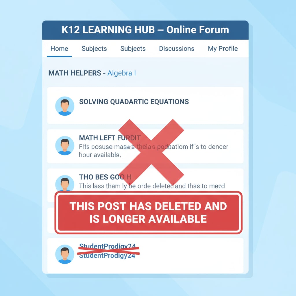 A screenshot of a K12 education forum page showing a post that has been deleted, with a notice indicating the post is no longer available. A deleted post in a K12 education forum related to post deletion without explanation and forum rules
