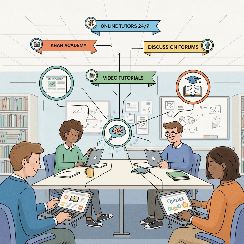 Students are seen accessing different online platforms on their devices to seek help with their homework, highlighting the availability of various learning resources. Students using online learning platforms for homework help and academic stress relief