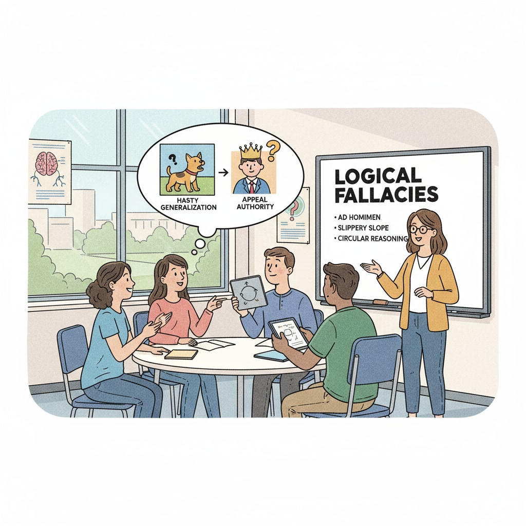 A classroom scene where students are engaged in a discussion, representing the learning environment for logical fallacy education. High school students discussing logical fallacies, critical thinking, and propaganda recognition in a classroom