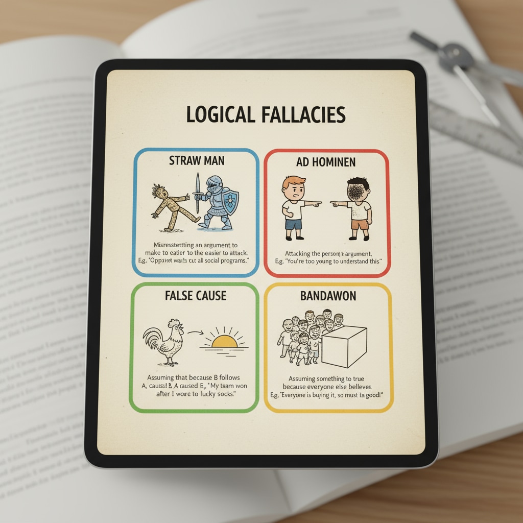 A digital screen displaying examples of different logical fallacies to help readers visualize the concept. Screen showing logical fallacies for better understanding of critical thinking and propaganda recognition