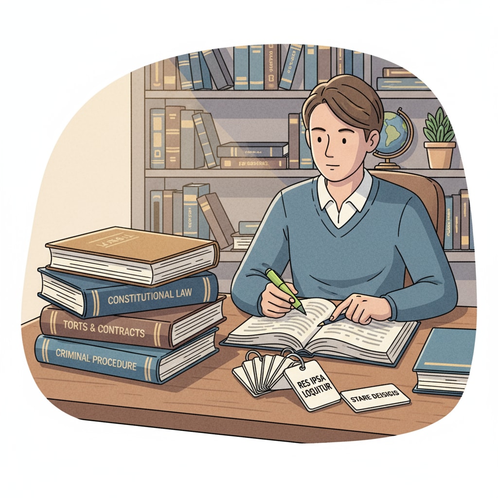 A student is sitting at a desk, studying law books with a set of flashcards placed beside. The student is focused on understanding the legal concepts. A student studying law with flashcards for active recall