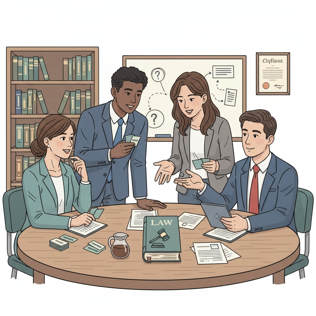 A group of students are gathered around a table, discussing legal questions. Some of them are holding flashcards, which they refer to during the discussion. Students discussing legal questions using flashcards for active recall