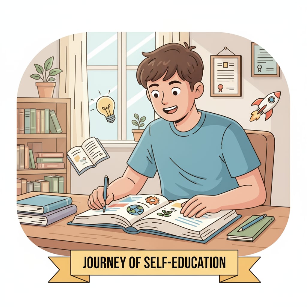 A student smiling while looking at a book, showing a positive attitude towards learning on the path of self-education. A positive mindset towards self-education for high school students to improve grades and quality of life