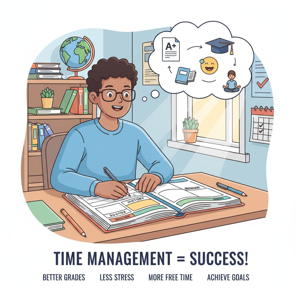 A student using a planner to manage study time, highlighting the significance of time management in self-education for better high school grades and quality of life. Time management for high school students in self-education to enhance grades and quality of life