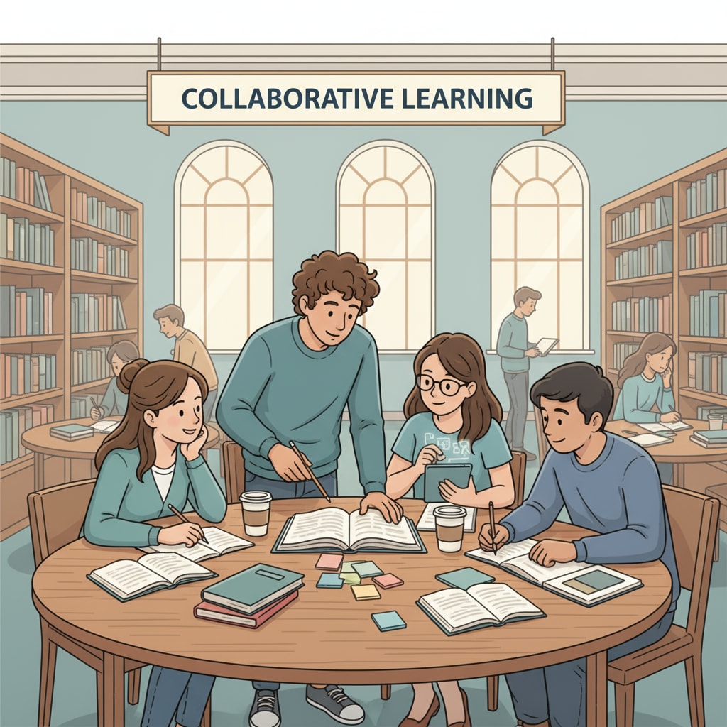 A group of students are studying together in a library, collaborating and sharing knowledge. Students studying together to improve high school performance and gain key skills