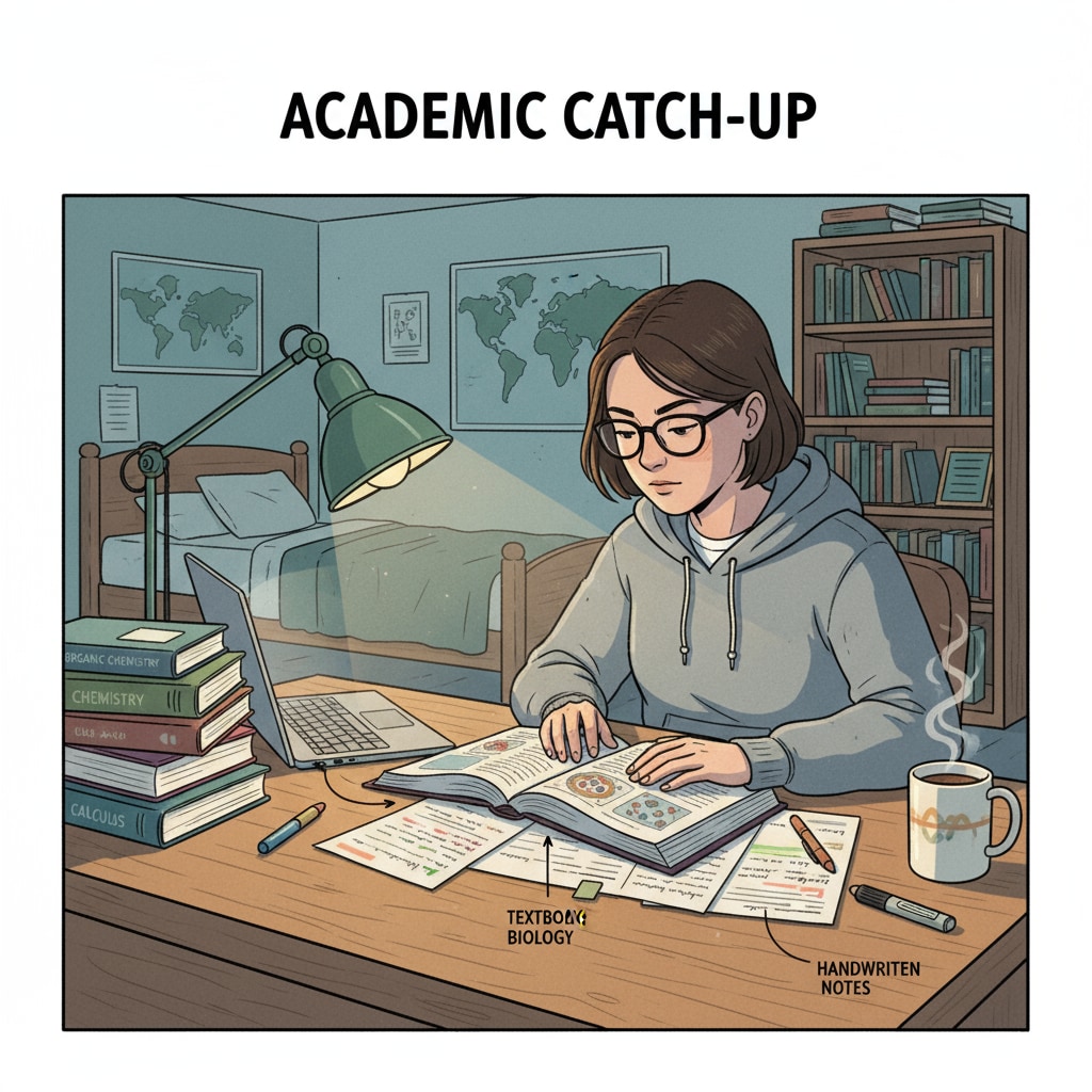 A student is sitting at a desk, looking intently at textbooks and notes, trying to catch up on studies. Student working hard to address educational deficiencies and enhance key skills