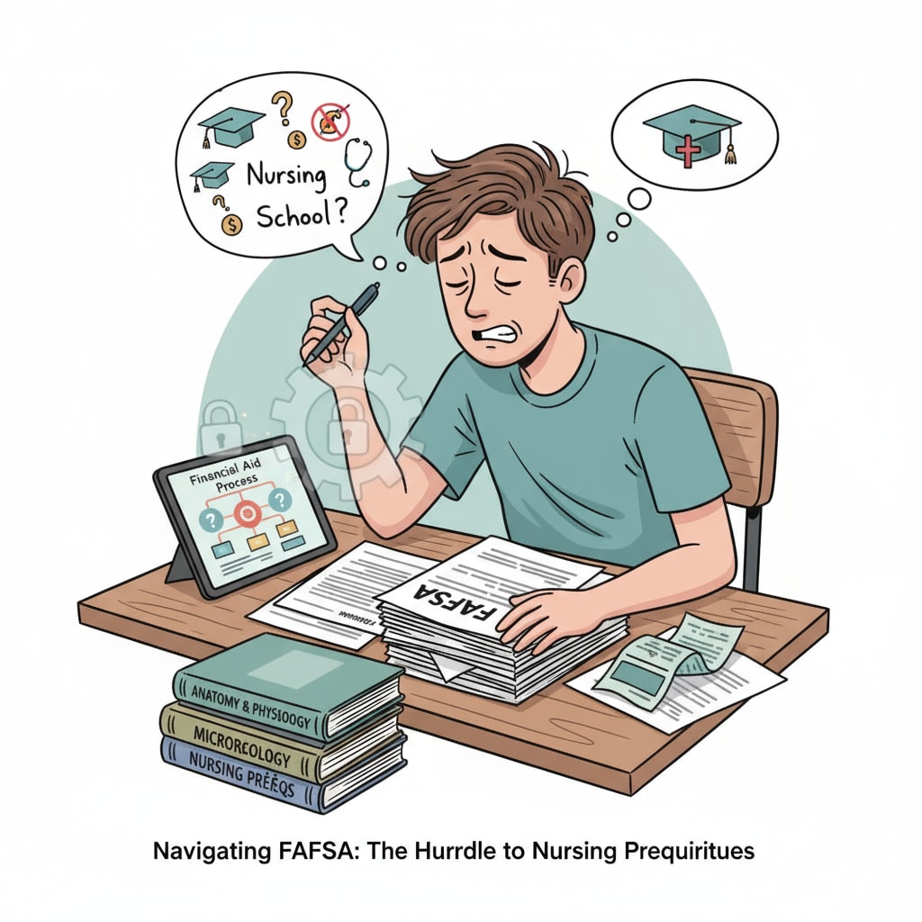 A student is sitting at a desk, looking stressed while filling out FAFSA forms. This represents the challenges students face when applying for FAFSA to fund their nursing prerequisites. Student struggling with FAFSA forms for nursing program prerequisites