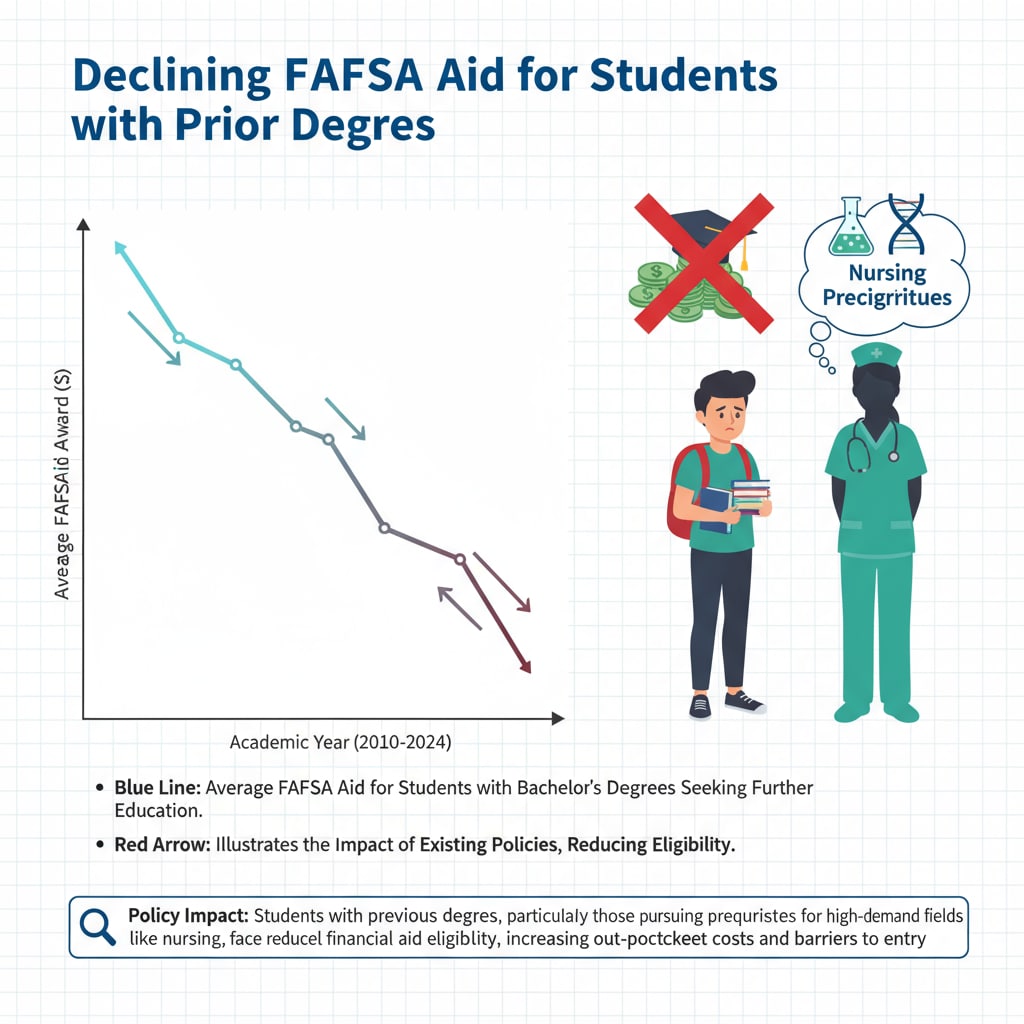 A graph showing the decreasing trend of FAFSA aid for students with prior degrees. This visualizes the impact of existing policies on students seeking aid for nursing prerequisites. Graph depicting the decline in FAFSA aid for students with associate degrees applying for nursing prerequisites