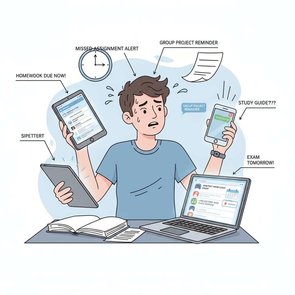 A person appears stressed while trying to manage multiple electronic devices simultaneously. Each device displays different messages related to school, such as emails, text messages, and social media notifications. Person struggling with information overload from multiple school communication channels