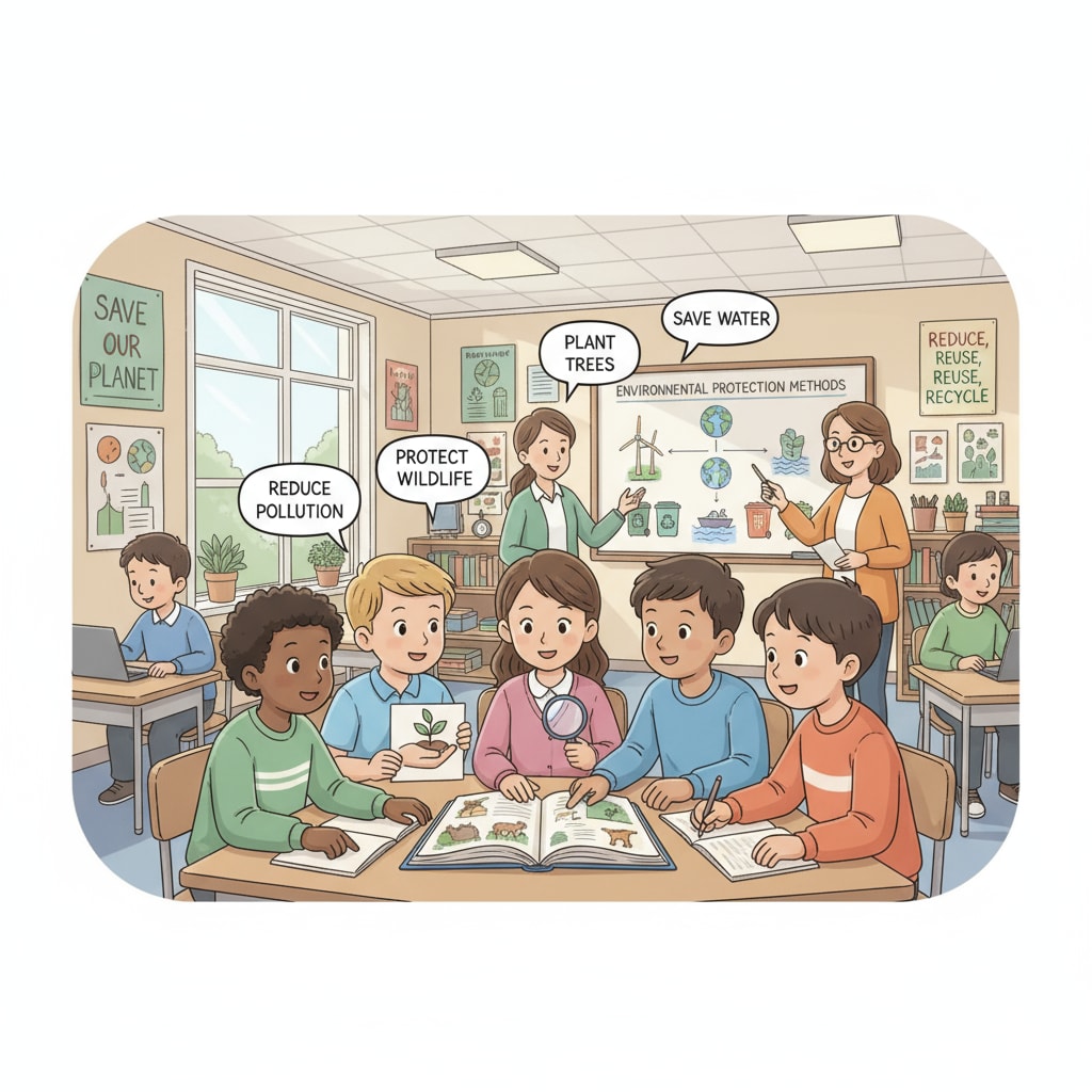 A classroom full of students actively engaged in a conservation education project, discussing ways to protect the environment Students in a K-12 school participating in a conservation education activity, contributing to social change