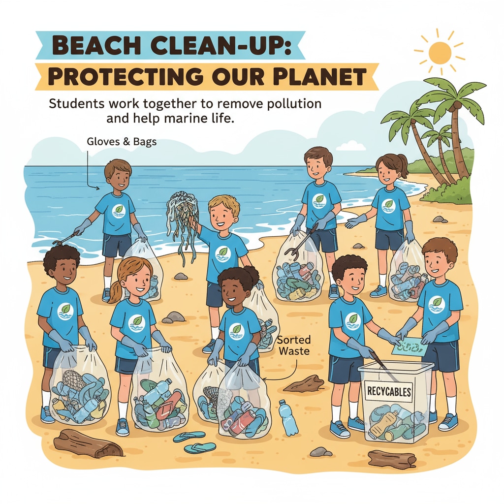 A group of students participating in a beach clean-up event, demonstrating their commitment to environmental conservation K-12 students taking part in a beach clean-up as part of conservation education, influencing social change