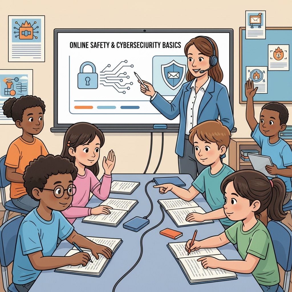 A group of K12 students are attentively listening to a cybersecurity lecture, showing their focus on learning about online safety. K12 students engaged in a cybersecurity lecture related to CYA Security and student engagement