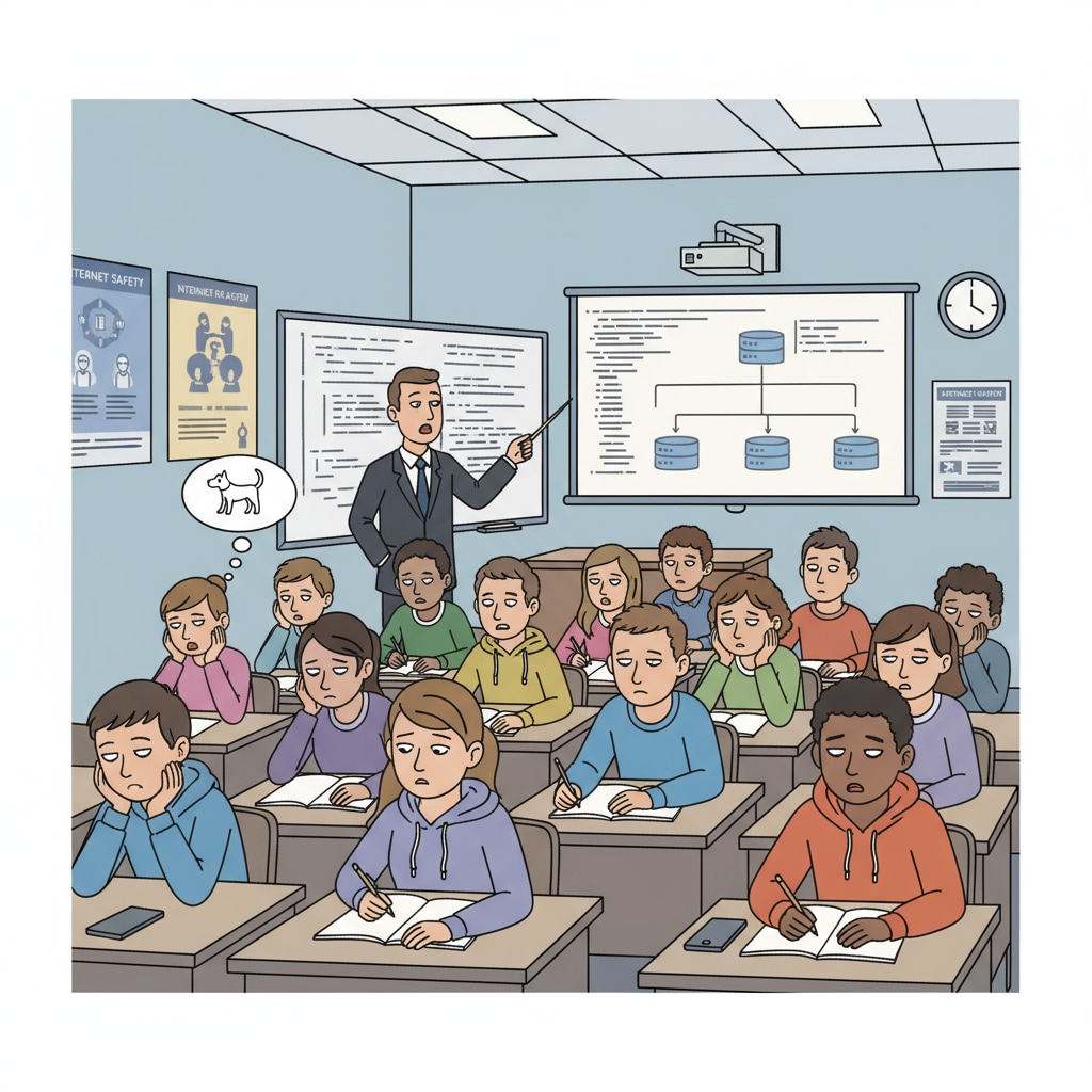 Students are looking bored during a traditional cybersecurity lecture, highlighting the potential lack of engagement in such teaching methods. Bored students during a traditional cybersecurity lecture highlighting the need for better student engagement related to CYA Security