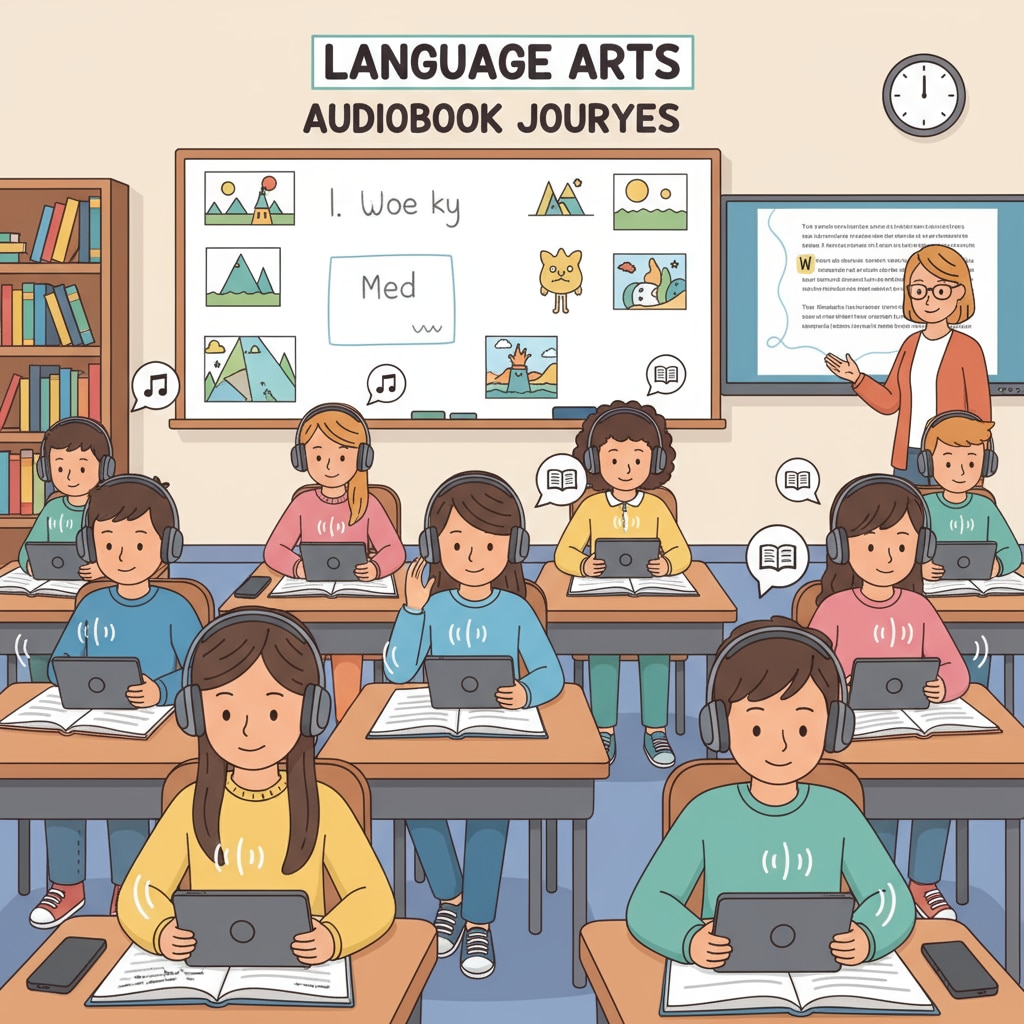 A group of students are sitting in a language arts class, wearing headphones and listening attentively to audiobooks. Students listening to audiobooks in a language arts class to enhance reading fluency