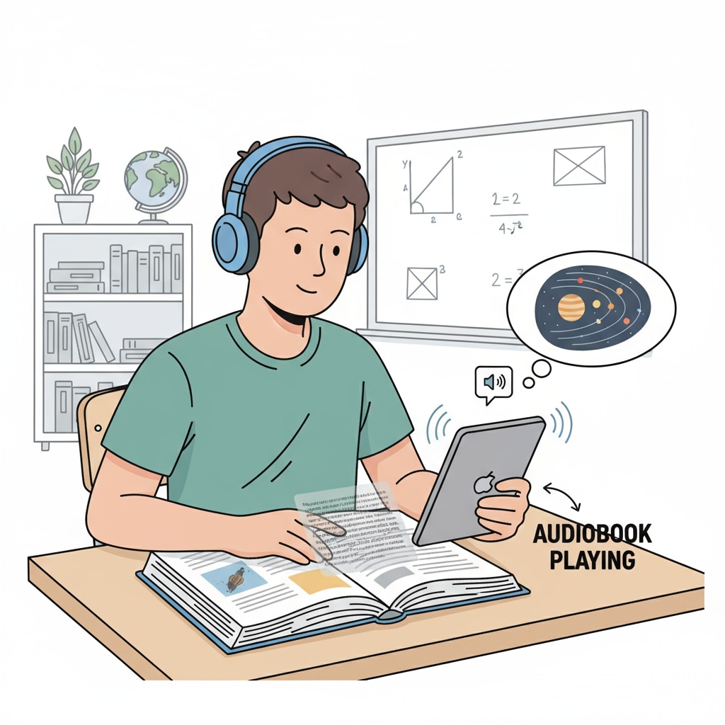 A student is sitting at a desk, with a book open in front of them, and listening to the corresponding audiobook on a device. A student using both a book and its audiobook version to improve language arts skills