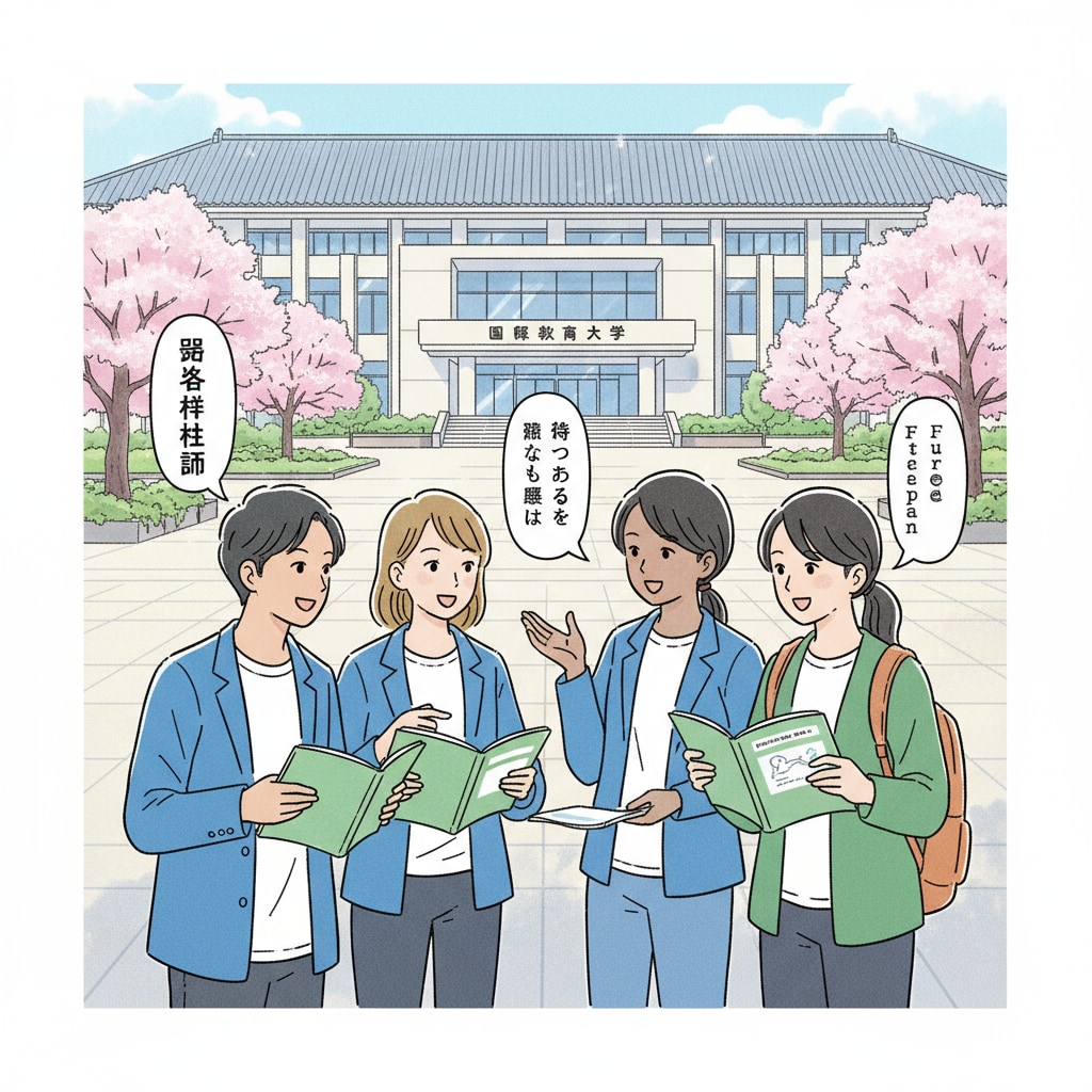 A group of students are discussing their study plans, with a Japanese university building in the background, representing the aspiration of studying in Japan. Students discussing Japan study plans with BTEC and A-level considerations