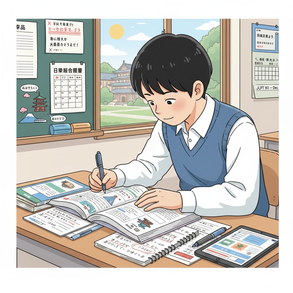 A student is concentrating on studying Japanese language textbooks in a classroom, symbolizing the effort in preparing for Japanese university study. Student studying Japanese for Japan study with BTEC qualification