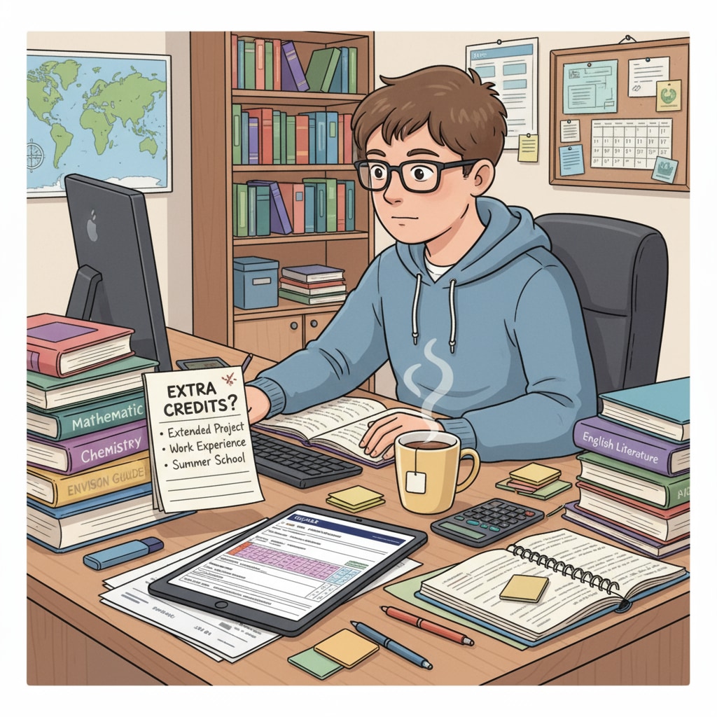 A student is sitting at a desk, surrounded by A-Levels study materials and looking at a UCAS application form, showing the determination to find ways to get extra credits. A student preparing to earn extra UCAS credits after A-Levels for a foundation year course