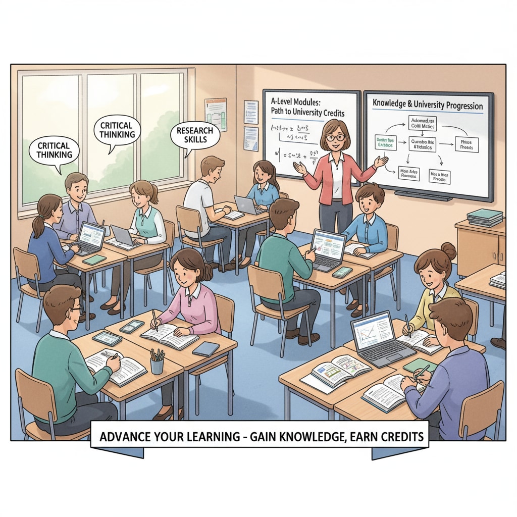 A classroom scene where students are engaged in studying A-Level modules, indicating the effort to gain more knowledge and credits. Students studying A-Level modules to obtain extra UCAS credits for foundation year courses