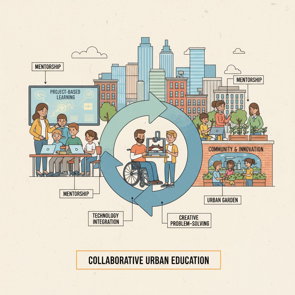 Educators and students collaborating in an urban education ecosystem