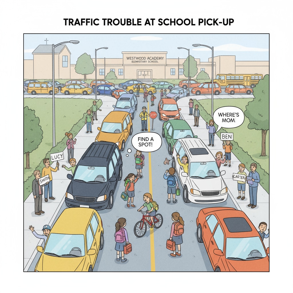 Traffic congestion during school pick-up in a small town related to school drop-off, pick-up, traffic congestion, and school bus system