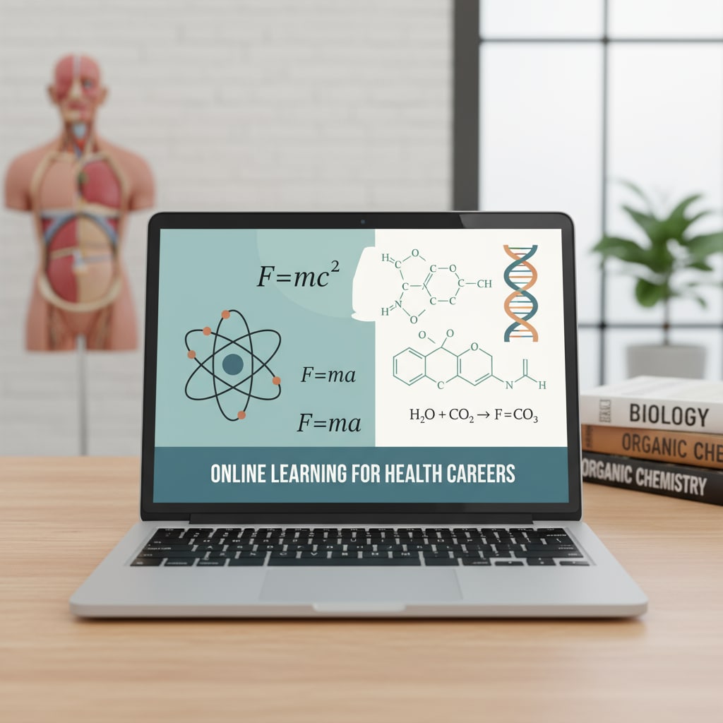 A student studying physics and chemistry concepts on a laptop for a health career through online learning