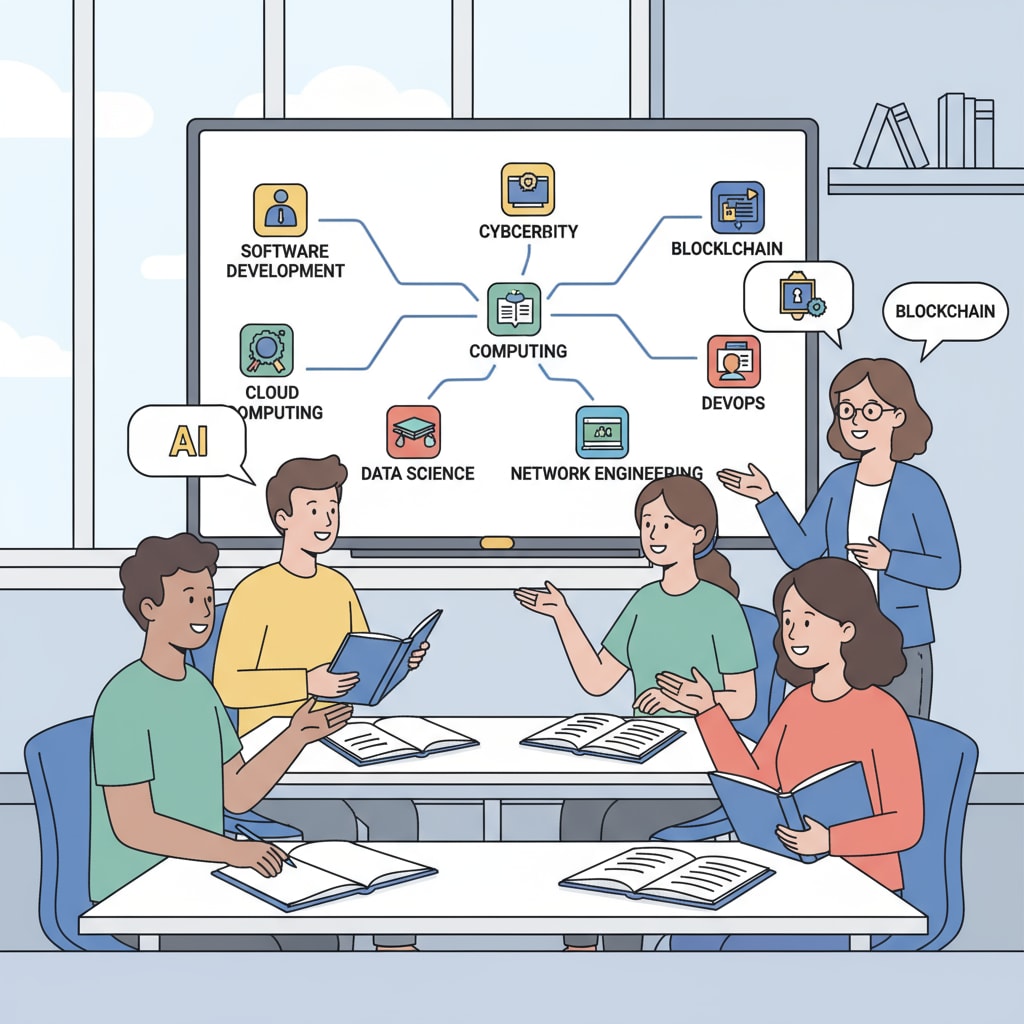 Students discussing Information Systems Engineering, Information and Communication Technology, and Artificial Intelligence specializations in a classroom