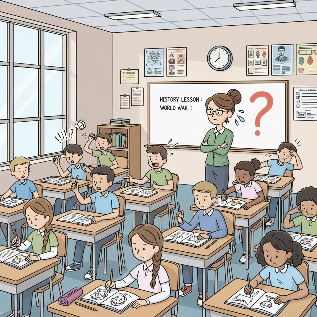 A teacher looking frustrated in a classroom full of misbehaving students. The students are talking loudly, not paying attention to the teacher, and some are even throwing things. A frustrated teacher dealing with student behavior issues and lack of support leading to career setbacks.