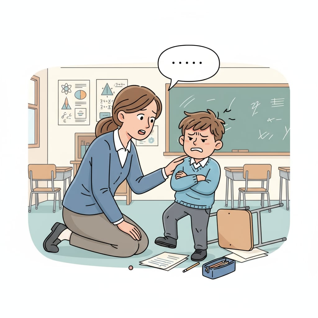 A teacher trying to calm down a misbehaving student. The teacher has a concerned expression and is gently trying to talk to the student to get them to settle down. A teacher facing student behavior issues and lacking support while trying to manage the situation, which contributes to career setbacks.