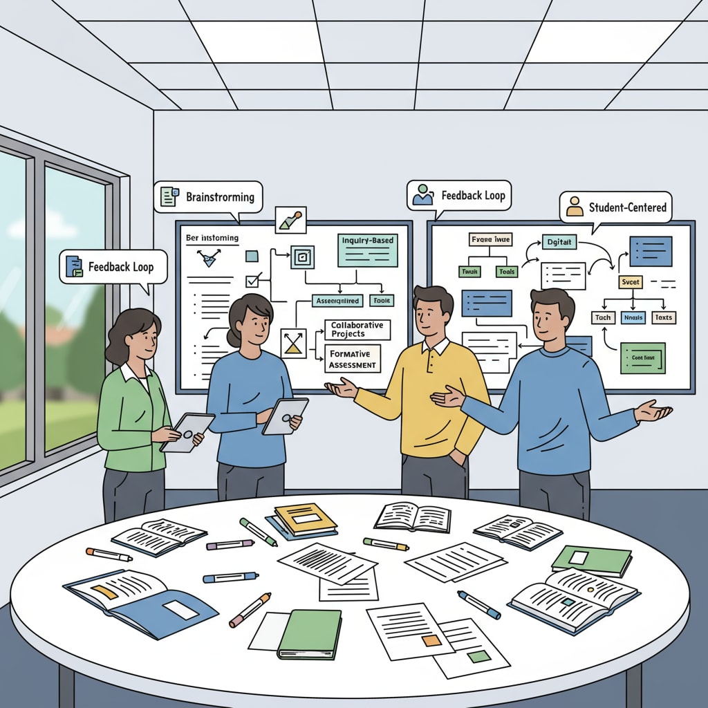 A group of educators engaged in a discussion about teaching methods in a seminar room, with whiteboards and papers scattered around, indicating an active exchange of ideas. Educators discussing teaching methods in a seminar room related to graduate programs and educational technology