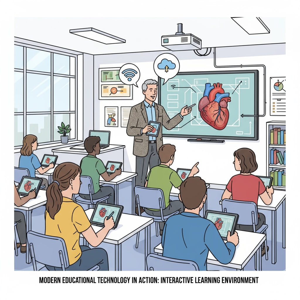 A professor standing in front of a classroom, demonstrating educational technology tools such as interactive whiteboards and tablets to students, showing how these tools can be used in teaching. Professor demonstrating educational technology tools in a classroom relevant to teaching methods and graduate programs