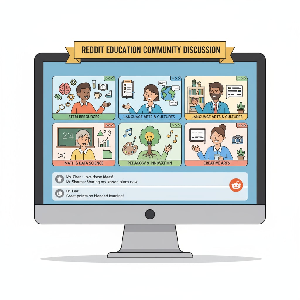 A group of teachers are engaged in a virtual discussion, with various educational materials visible on their screens. This represents the online interaction and resource sharing within Reddit's education community. Teachers participating in an online education community on Reddit