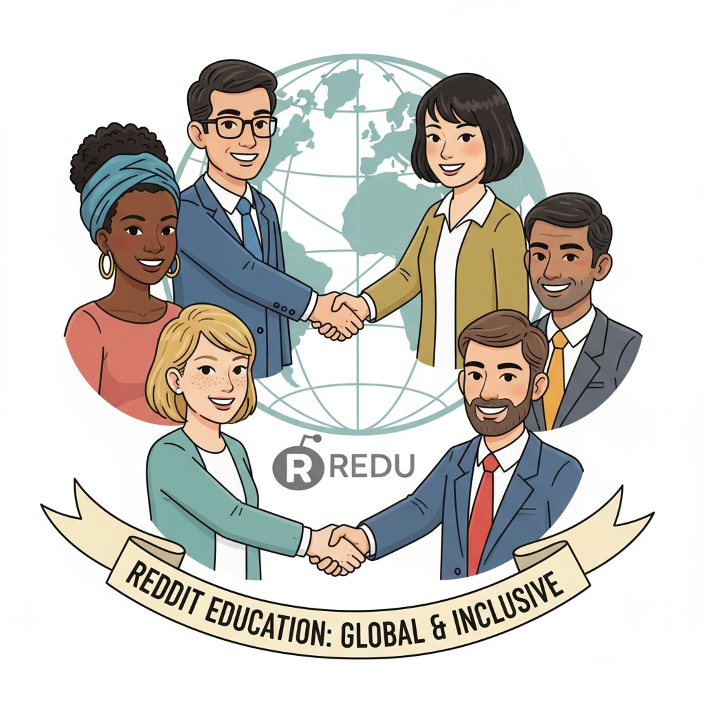 A diverse group of teachers from different ethnic backgrounds are smiling and shaking hands. This visualizes the international and inclusive nature of Reddit's education community. International teachers interacting in Reddit's education community
