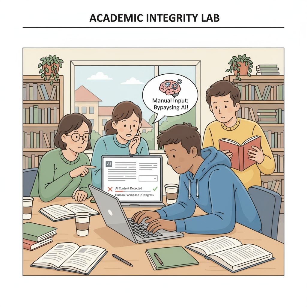 A group of students are sitting around a table, one of them is typing on a laptop, presumably trying to bypass AI detectors by manually inputting AI-generated content. Students attempting to evade AI detectors through manual typing of AI-generated content