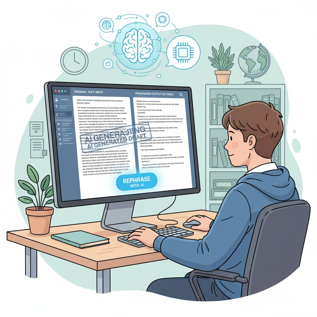 A student is using a computer to operate an AI paraphrasing tool on some text that was likely generated by an AI. Student using an AI paraphrasing tool on AI-generated content