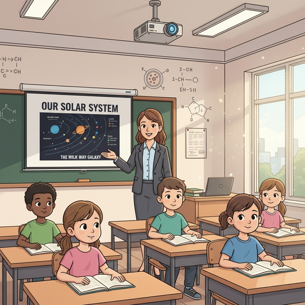 A classroom scene shows a teacher standing in front of a blackboard, with a digital projector displaying content on a screen. There are students sitting at their desks, looking engaged. A classroom setup with traditional blackboard and modern digital projector, highlighting teaching methods, technology, and traditional tools