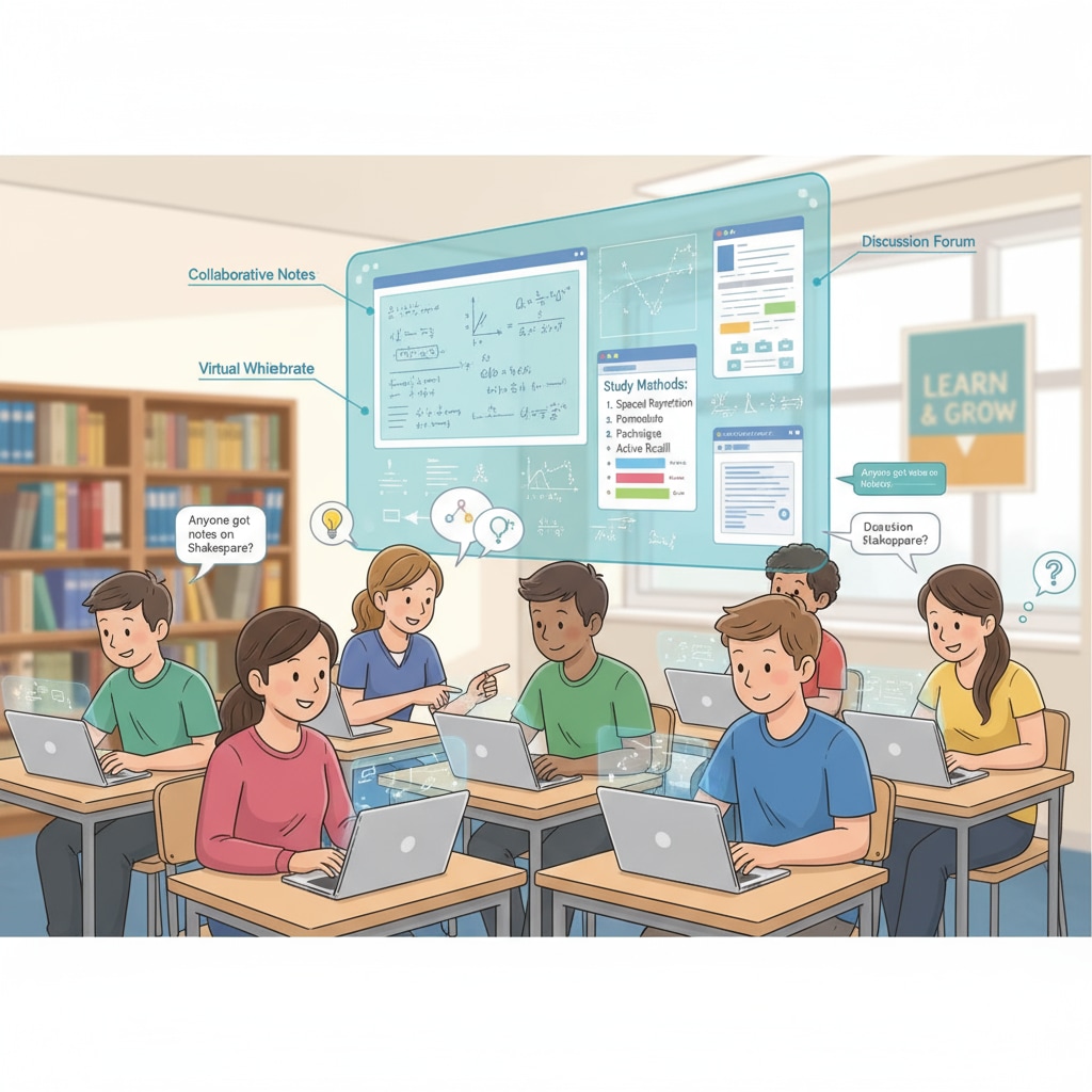 High school students are shown working together on an online platform, sharing notes, and discussing study methods. There are virtual whiteboards with math problems and English grammar tips visible. High school students collaborating on study methods and academic skills on an online platform